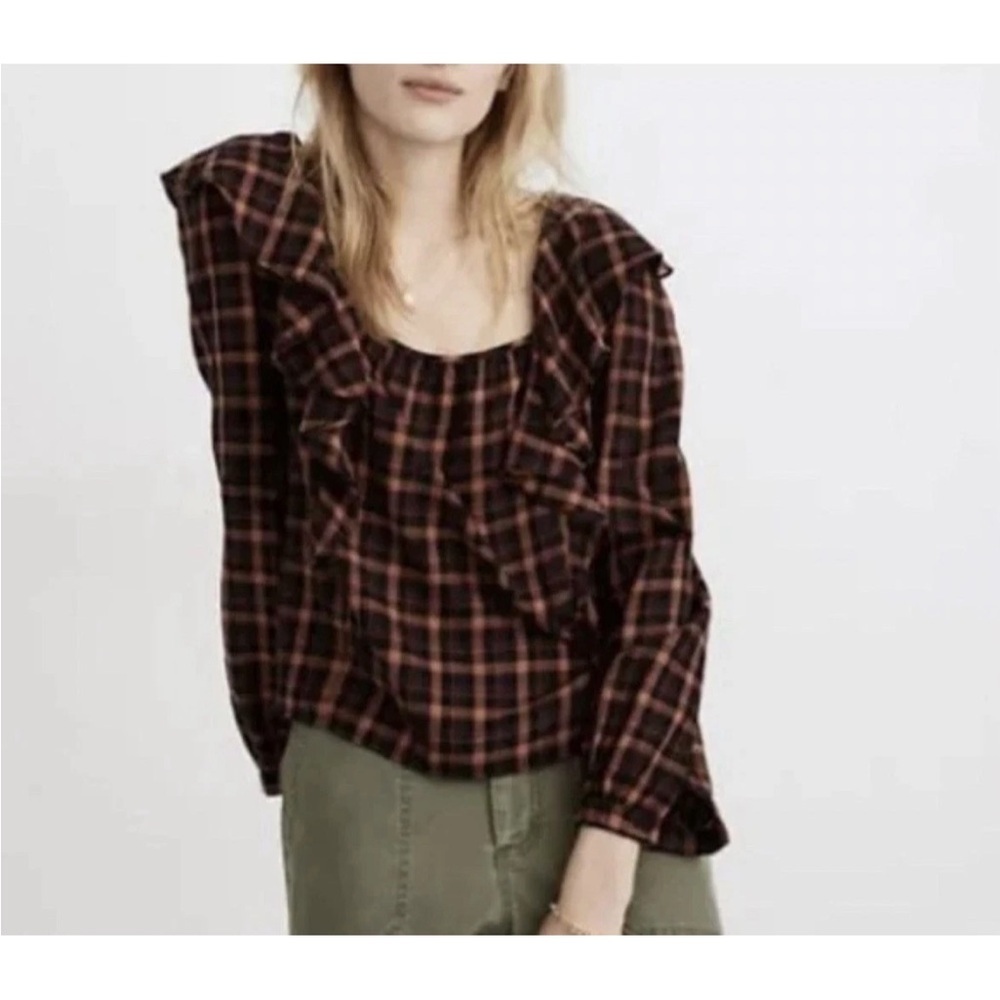 Madewell Top Large Rust Check Blouse Square Neck Long Sleeve Ruffle Western